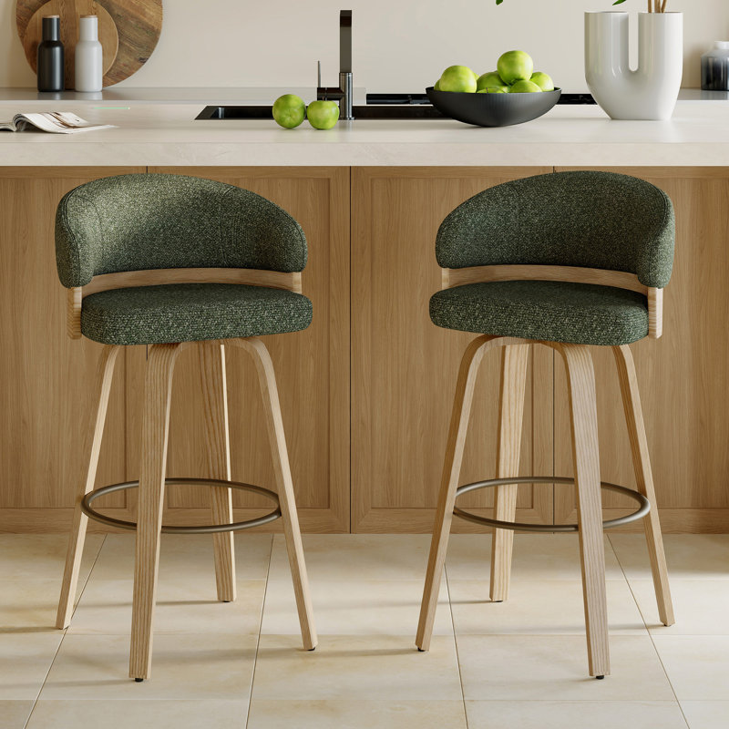 Tabouret de bar pivotant rembourré de 76 cm (30 po) avec cadre en bois, Siège vert / structure en chêne
