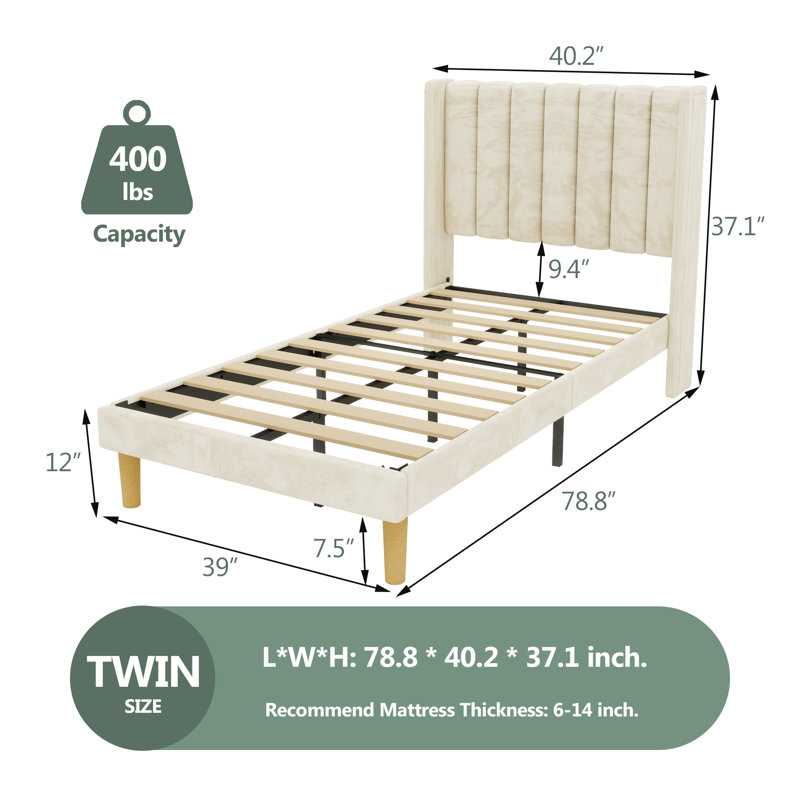 Lit plateforme tapissier à profil bas Sutter, Simple, Beige