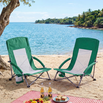 Set Of 2 Low Profile Outdoor Portable Lightweight Camp Chair With Cup Holder, Folding Beach Chairs With Breathable Mesh, Compact For Backpacking, For Patio, Poolside & Camping