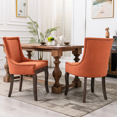 2 chaises de salle à manger latérales, revêtement en tissu épaissi orange, pieds en bois massif, tête de clou en bronze, 20,53 po Largeur, profondeur de chaise 22,78, 2 pièces, couleur, design,