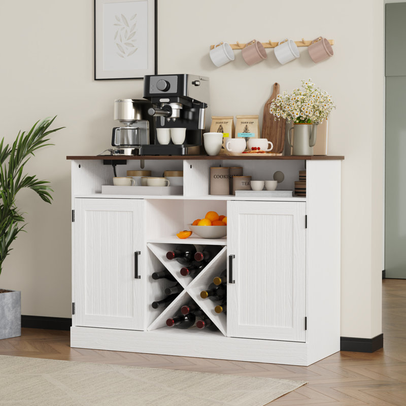 Farmhouse Coffee Bar Cabinet With Power Outlets, Rustic Sideboard Buffet Cabinet With Wine Rack, Wooden Wine Cabinet For Dining Room & Living Room