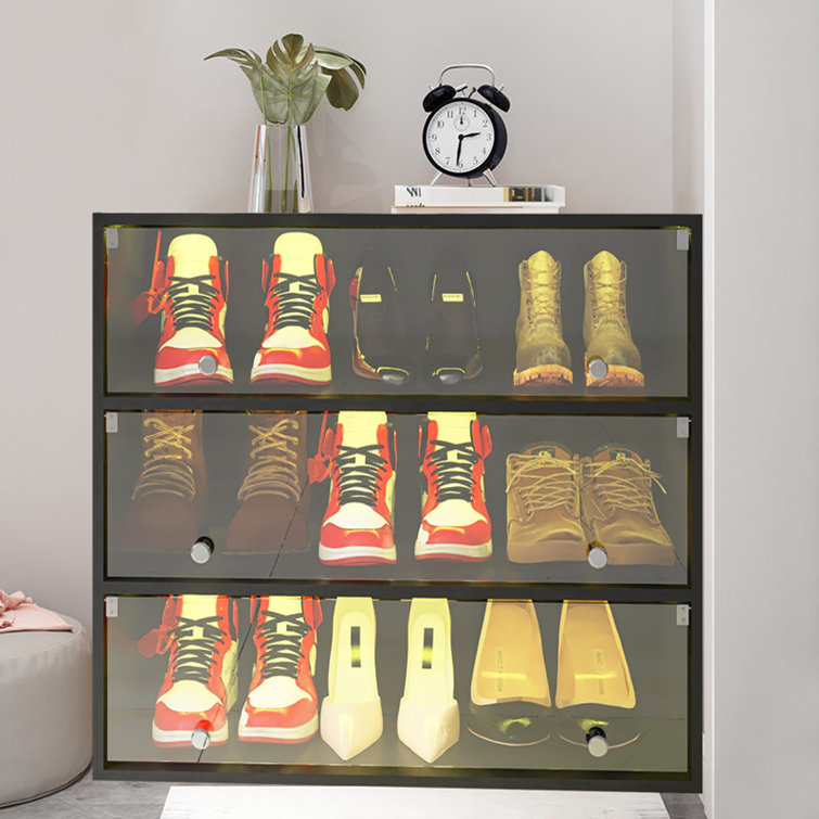 Shoe Storage Box, Wooden Stackable Shoe Storage Box with Sliding Glass  Door, Shoe Organizer Storage Box with RGB Led Light for Up To 6 Pairs of  Shoes, Shoe Storage Bin For Display
