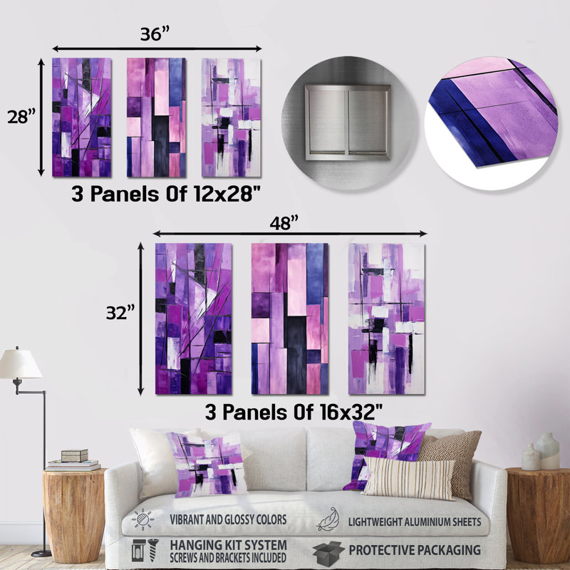 Ensemble de 3 décorations murales en métal Tachisme mauve Cubism Brush II - Tachisme, H 28 po x l 36 po