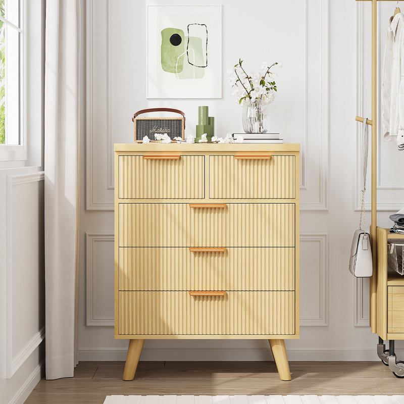 Commode 5 tiroirs pour chambre à coucher, commode en bois cannelée