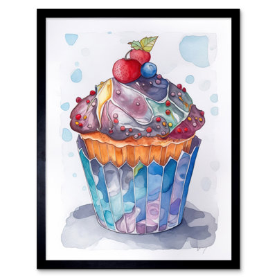 Cupcake Icing With Fruit Folk Art Watercolour Painting Artwork Framed Wall Art Print 9X7 Inch