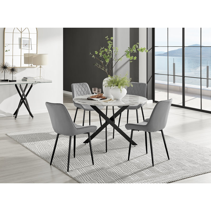 Tierra Modern Chrome Metal & Glass Round Dining Table Set with 6 Luxury Faux Leather Chairs, 4, Grey/Black