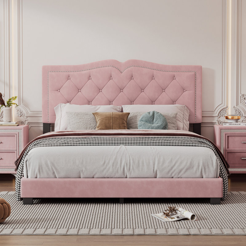 Katrein Upholstered Platform Bed, Queen, Pink