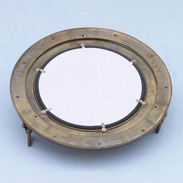 Metal Round Wall Mirror, Antique Brass, 17" H x 17" W