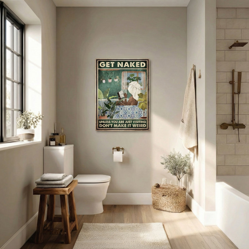 Salle de bain avec arbres - Toile tendue avec une galerie «Get NUE» - Illustration de salle de bain, décor de salon vert et blanc