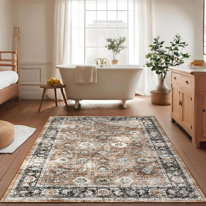 Oriental Machine Washable Rug with Rubber Backing Soft Area Rug Non Slip Thin Rug Low Pile Foldable Rug for Living Room, Bedroom, Dining Room
