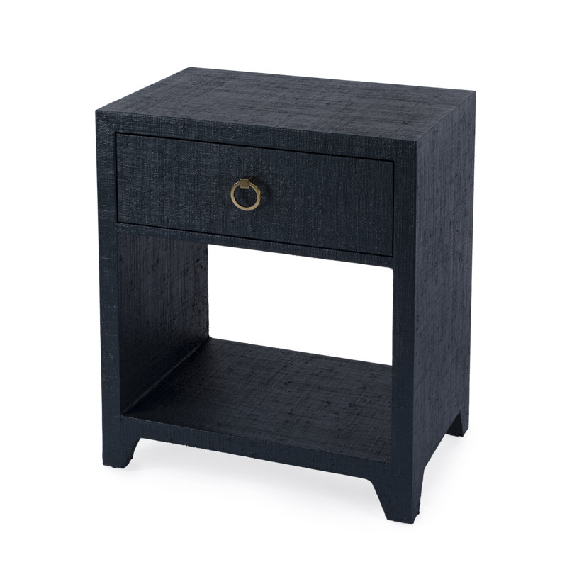 Bar Harbor Raffia 1 Drawer Nightstand, Navy Blue