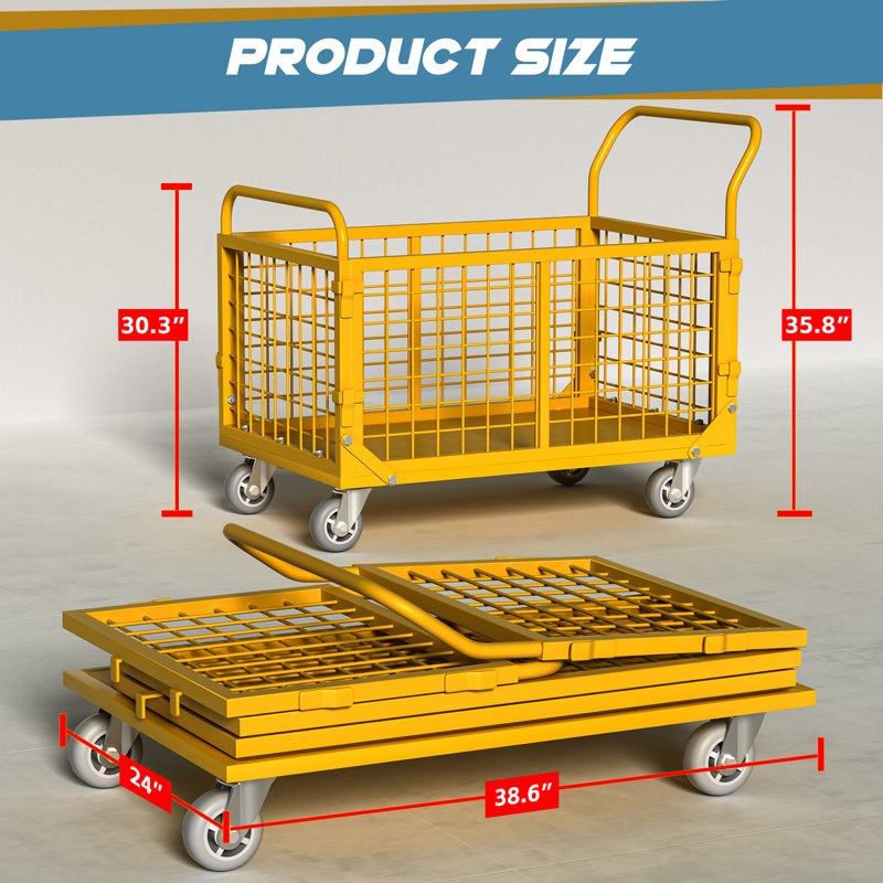 Platform Truck Cart With Cage, 5 In 1 Heavy Duty Platform Cart With Cage 2200 Lbs Capacity Foldable Push Cart., Yellow