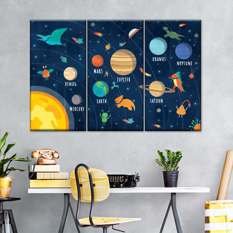 Planètes multicolores, ensemble de 3 impressions sur toile par SweetTeachings, H 36 po x l 57 po x P 1,25 po