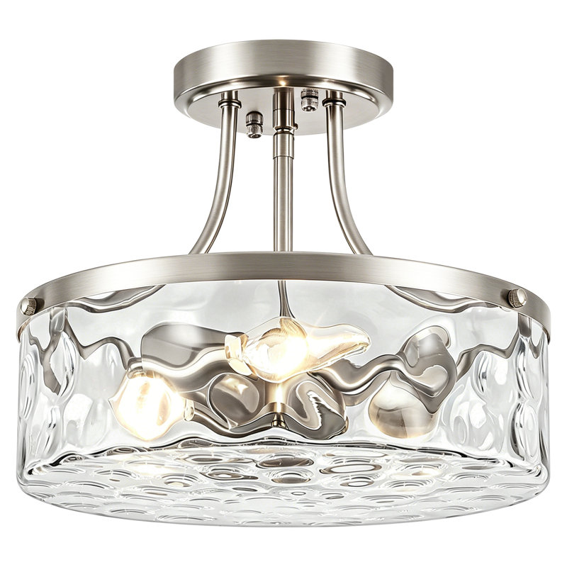 3 - Light Semi Flush Mount Ceiling Light With Water Glass Shade, Nickel