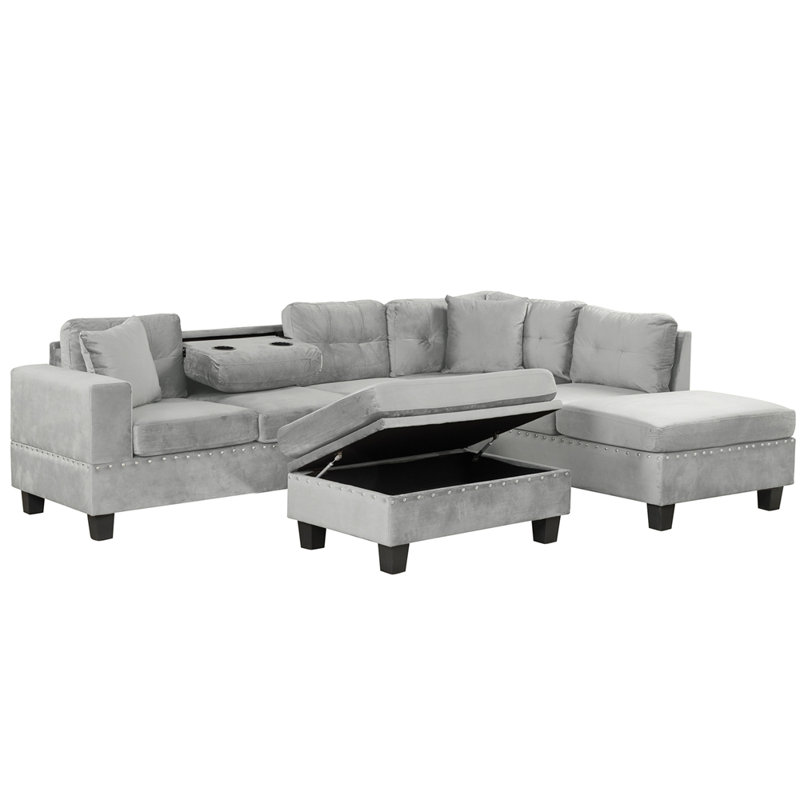 Canapé modulaire moderne de 105 po de style contemporain avec repose-pieds avec rangement, canapé en L avec 2 coussins et porte-gobelets