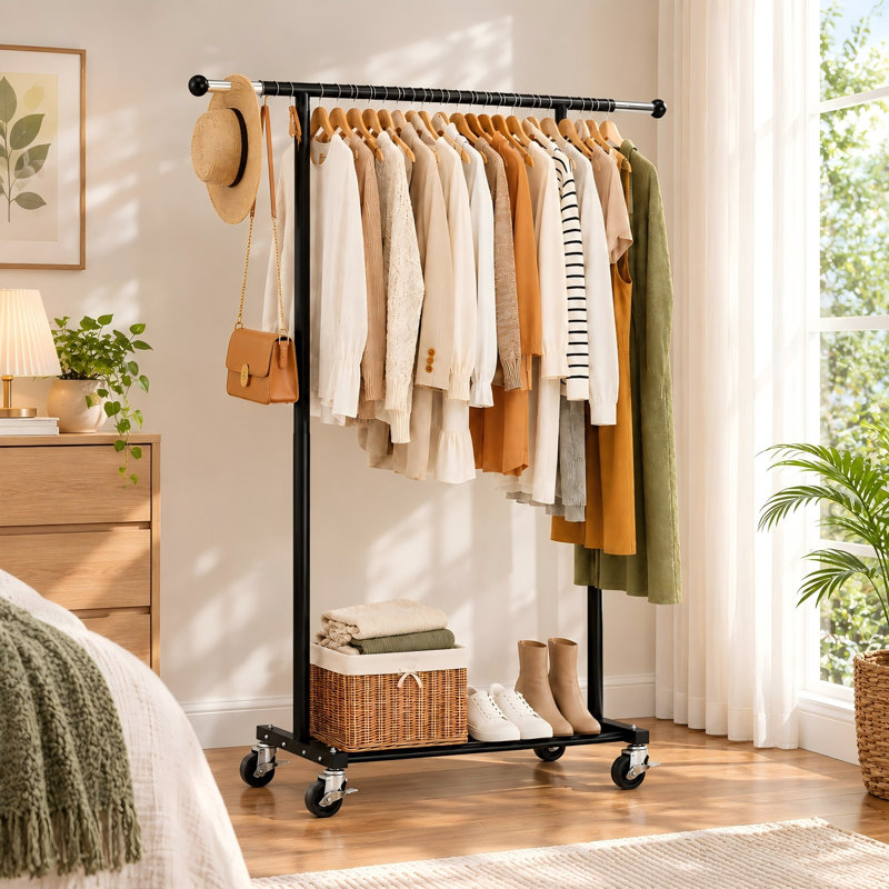 Porte-vêtements ajustable en métal 51 "avec roulettes et roulettes, convient aux appartements, noir