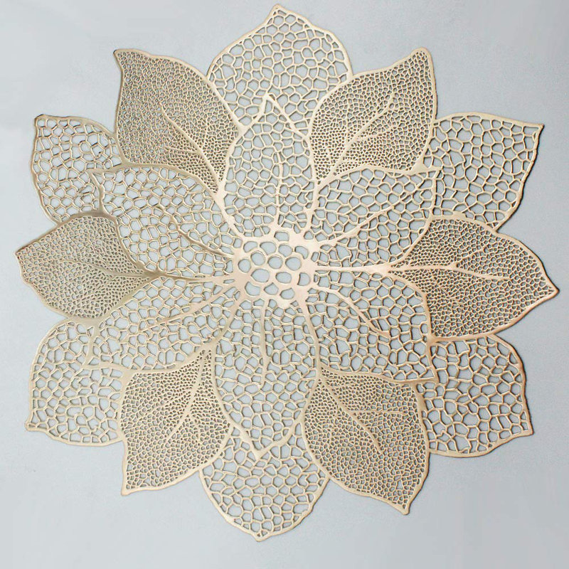 Gold Round Placemats For Dining Table Set Of 6 Pressed Vinyl Metallic Table Mats Hollow Out Hibiscus Flower Place Mats