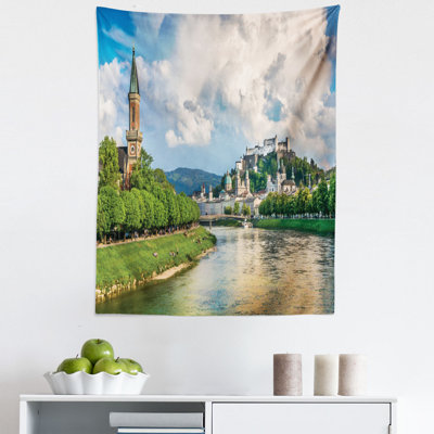Historic Print European of Salzburg Land with Cloudy Sky and River in Austria Tapestry