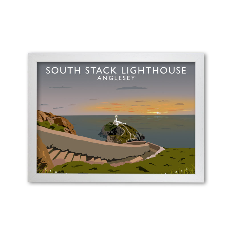 South Stack Lighthouse Anglesey Sunset by Richard O'Neill - Print, 59.4cm H x 84.1cm W x 3cm D, White Framed