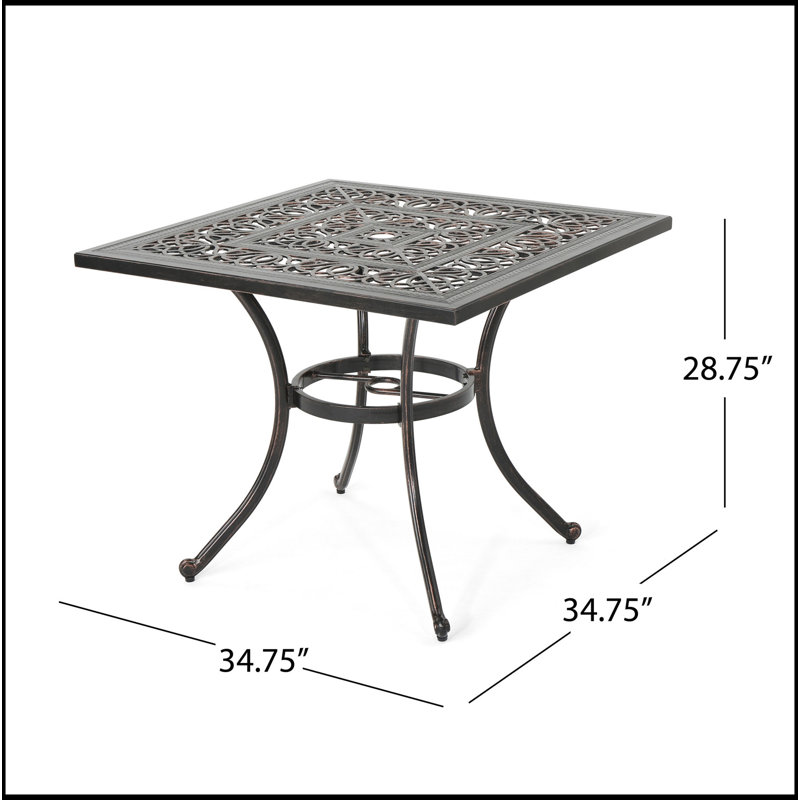 Table de salle à manger d'extérieur carrée en fonte d'aluminium, cuivre brillant