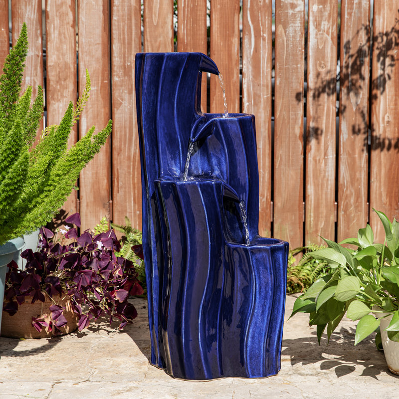 29.5"H 4-Tiered Cobalt Blue Wavy Texture Outdoor Ceramic Fountain With Pump And LED Light (KD), Cobalt Blue