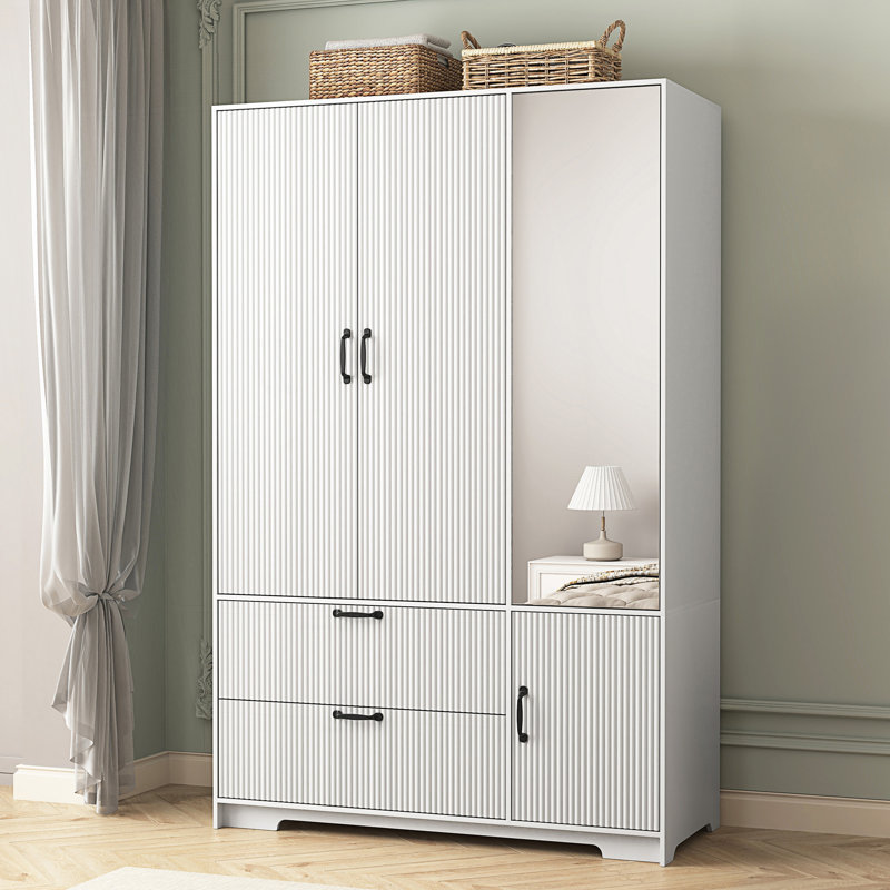 Armoire 4 portes avec miroir, armoire à DEL avec portes et 2 tiroirs, Blanc
