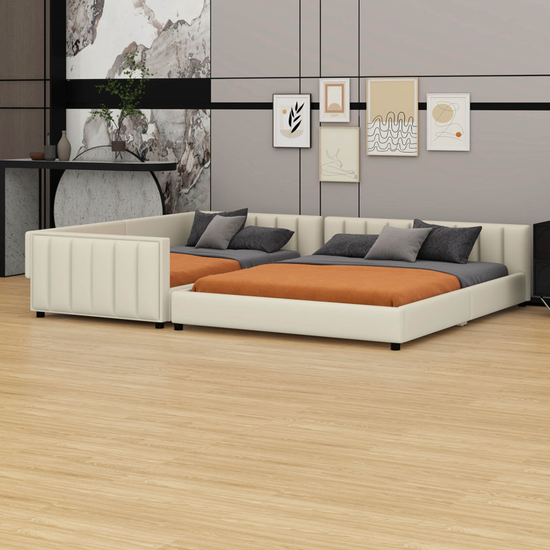 Grand lit plateforme tapissier grand et simple - conception pour lit mère et enfant, Beige