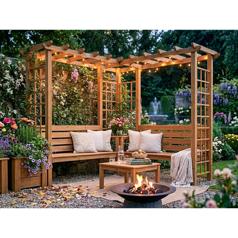 Dunster House Wooden Corner Pergola Arch with Bench, Trellis and Mini Table Gerlinde