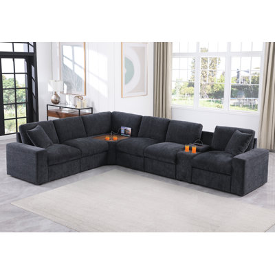 Canapé modulaire en coin Detron avec console porte-gobelet et table d'angle avec port USB