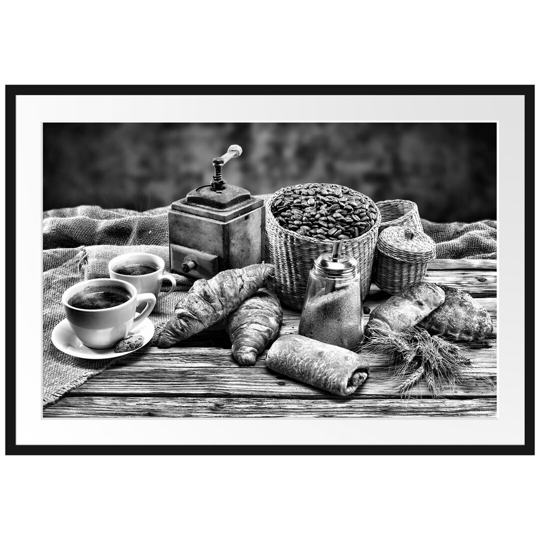 Gerahmtes Poster Aromatischer Kaffee mit Croissant