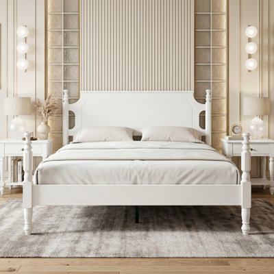 Cadre grand lit avec tête et pied de lit, aucun sommier requis, 12 lattes en bois massif, pieds en métal au centre, anti-bruit et antidérapant, assemblage simple, rangement sous le lit, finition blanc pur