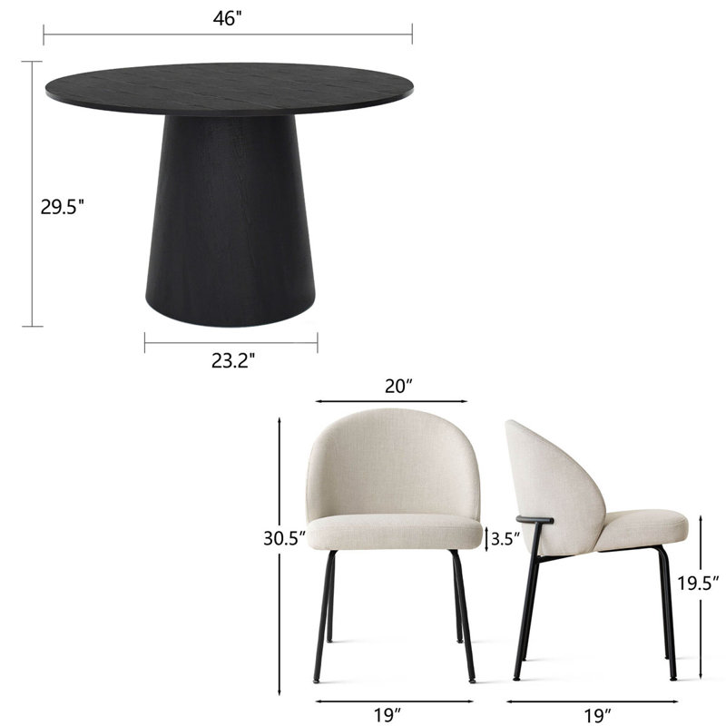 5-Piece Round Dining Table Set For 4 With Upholstered Chairs, 46" Pedestal Kitchen Table Set, Beige
