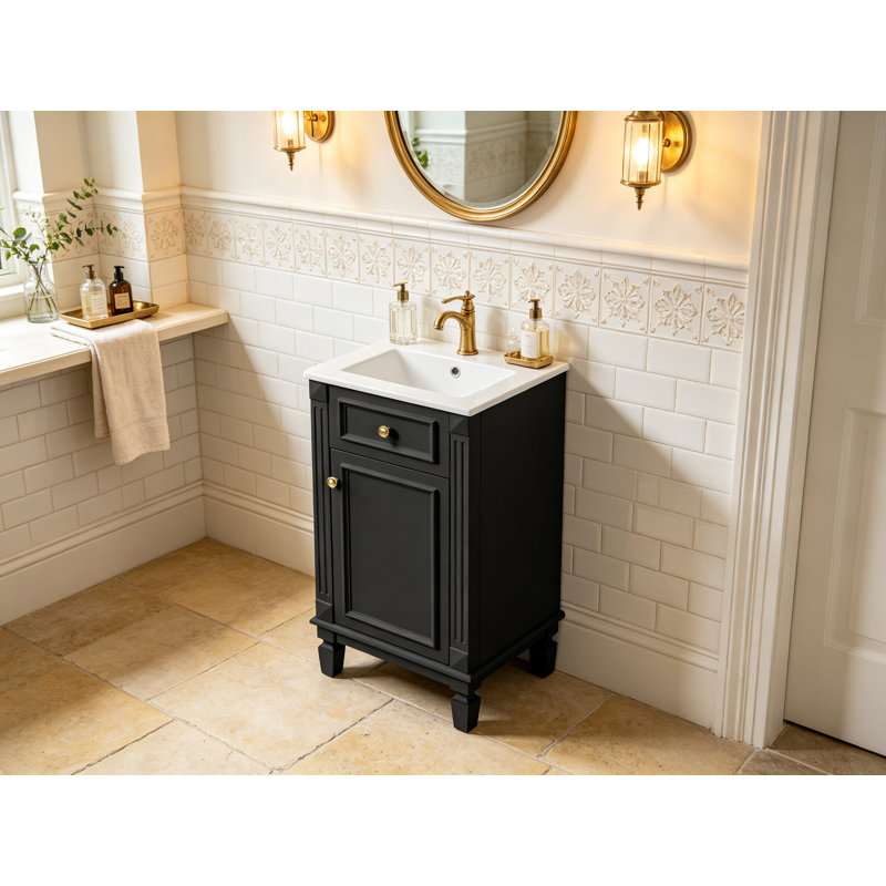 Meuble-lavabo sur pied de style français avec lavabo en céramique, caisson en bois massif et MDF, porte à fermeture douce, étagère réglable, poignées dorées rétro, finition noire pour salle d'eau