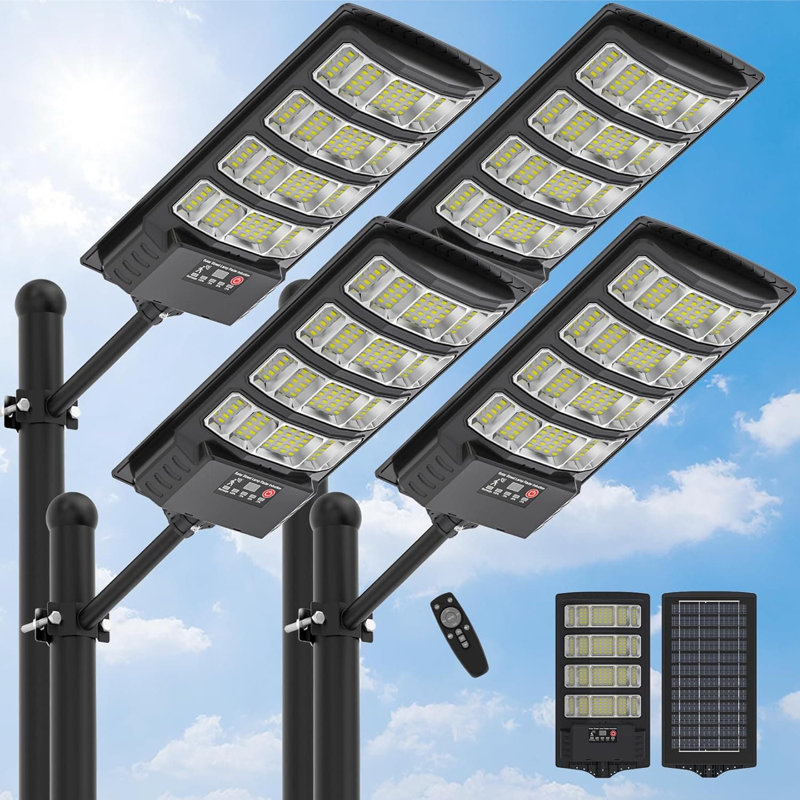 Éclairage de rue solaire d'extérieur imperméable, grand angle de 320 ° avec capteur de mouvement et télécommande, 50000LM solaire, lumière de stationnement solaire 5730 DEL pour les rues, les cours, les garages de stationnement (paquet de 4)