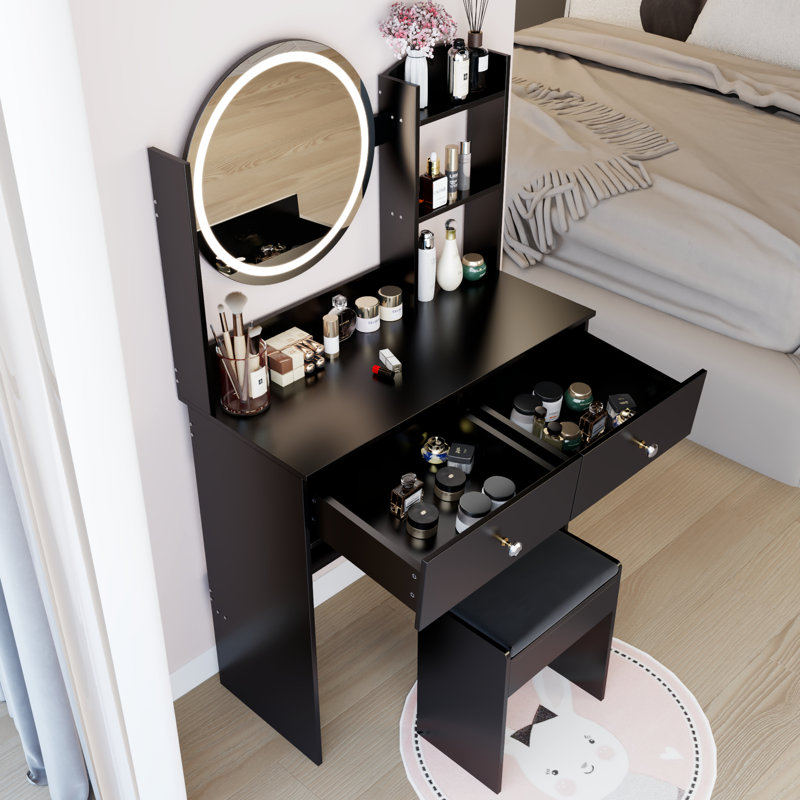 Coiffeuse à miroir rond de 17 po et siège rembourré à DEL 17 po, éclairage tactile 3 couleurs avec luminosité réglable, grand rangement multi-couches, idéal pour les petits espaces de chambre d'amis, conception américaine