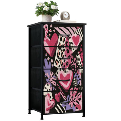 Commode moderne pour la chambre à coucher avec 4 tiroirs de rangement à imprimé léopard avec cœurs roses éclatants Commode d'art abstrait