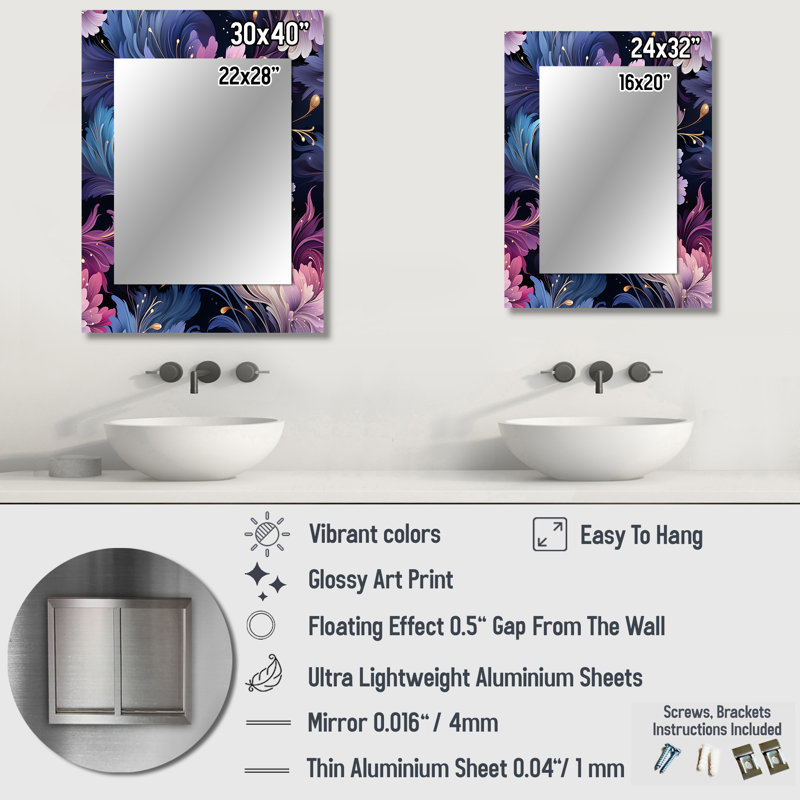 Astral Blue Purple Damask Radiance - damask  Wall Mirror, Bohemian & Eclectic Decorative Mirror, Printed Metal Art, 32" x 24"