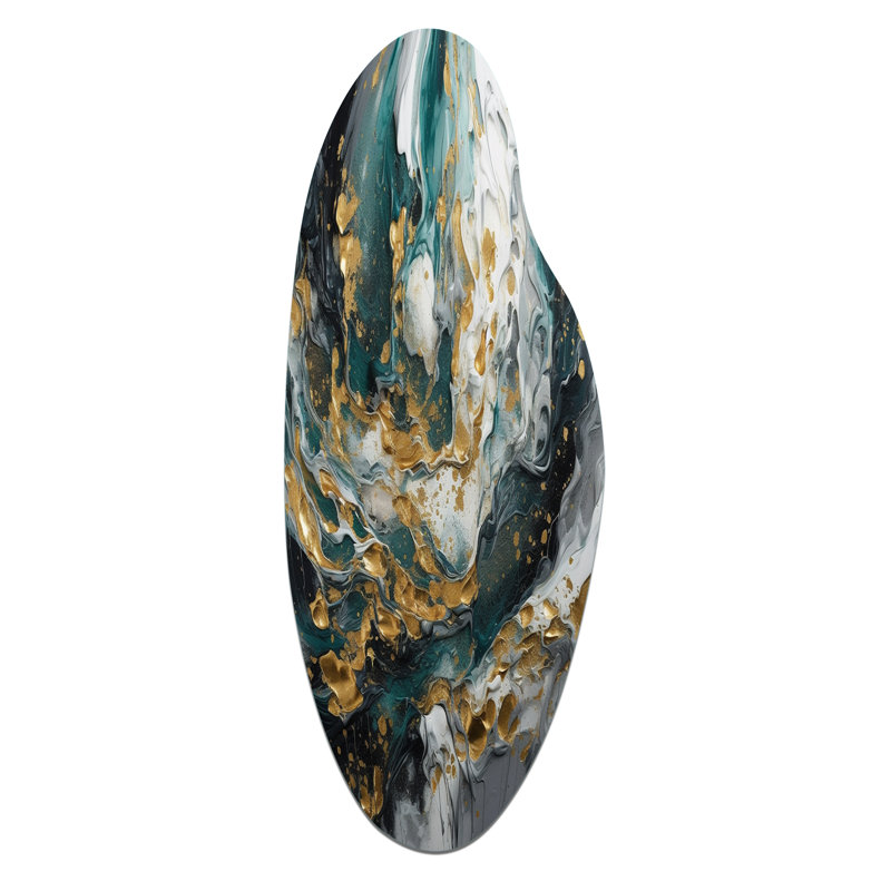 Gold Teal Ink On Stone - Abstract Curved Metal Wall Art for Living Room, Gold Asymmetrical Metal Art Print
