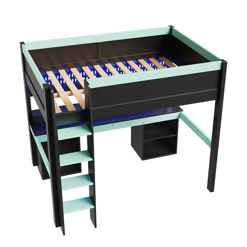 Lit mezzanine avec lumières DEL multicolores et bureau de jeu intégré, Black+Blue