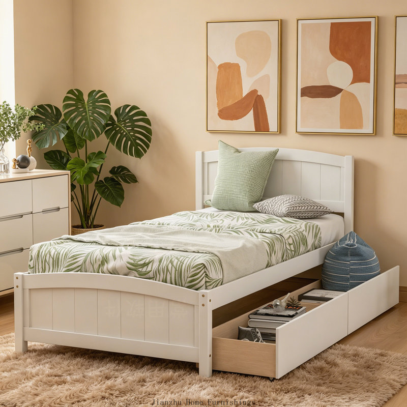 Lit plateforme simple en bois avec deux tiroirs, blanc