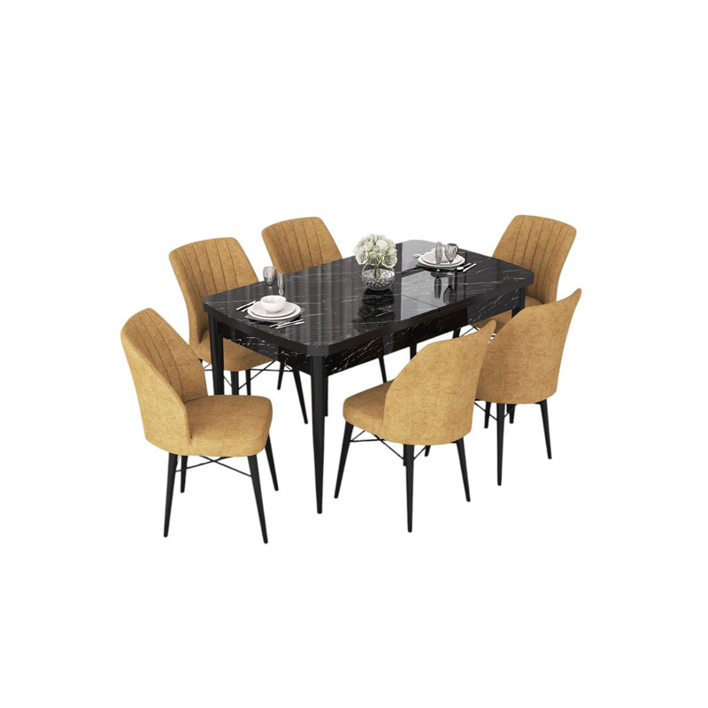 Ensemble de table et chaises de salle à manger moderne extensible (7 pièces), marbre noir et cappuccino, table: 44,9 po x 30,7 po x 27,6 po, chaises: 17,7 po x 35,4 po x 16,5 po | 100% panneau de fibres à densité moyenne avec structure en métal, coussins en mousse confortables, design élégant pour les salles à manger
