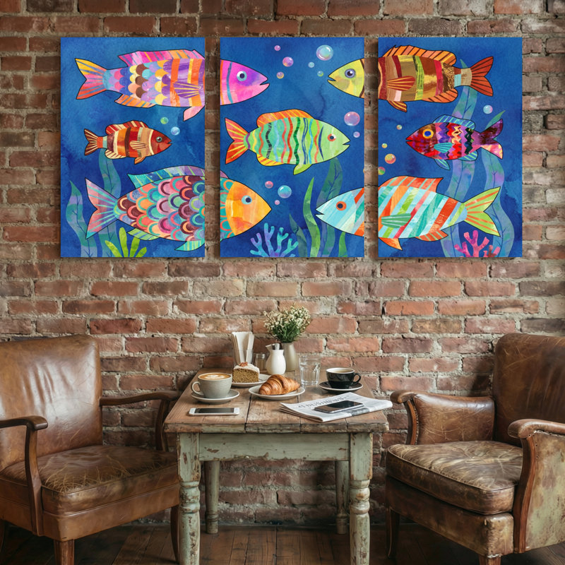 Animals Colorful Fish Underwater Scene Pattern Set of 3 Canvas Wall Art Prints, 18" H x 36" W