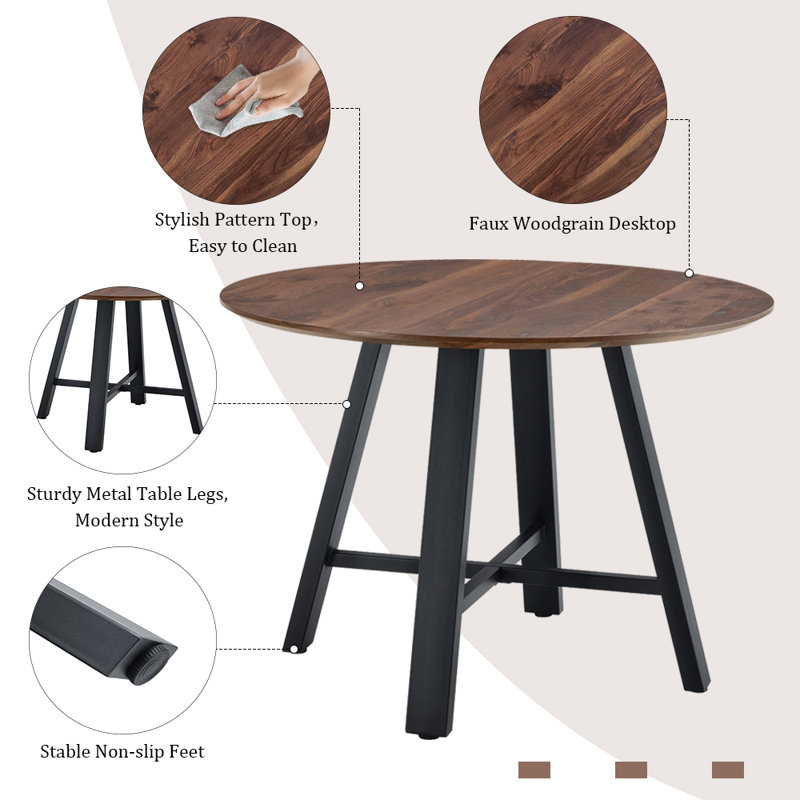 Modern Minimalist Round Multifunctional Table: 42 - Inch Diameter, MDF Tabletop With Deep Wood Grain, Black Metal Legs, Dual - Purpose As Dining & Coffee Table, Ideal For Home And Office Settings, Combining Style And Practicality