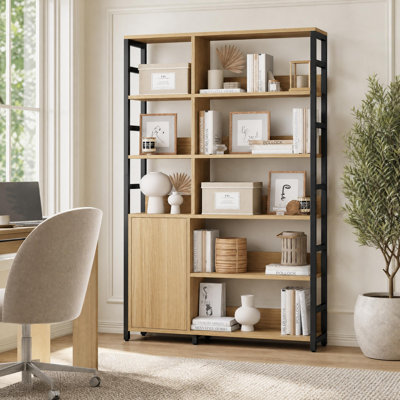 Bibliothèque à 5 niveaux avec portes - Étagère de présentation industrielle 71,1 "avec tablettes ouvertes et structure en métal, bibliothèque avec tablette réglable