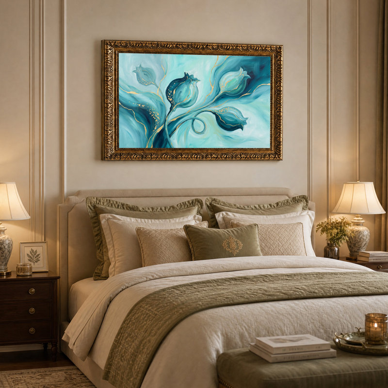 Toile murale abstraite turquoise à motifs floraux veinés d'or, 16"H x 24"W