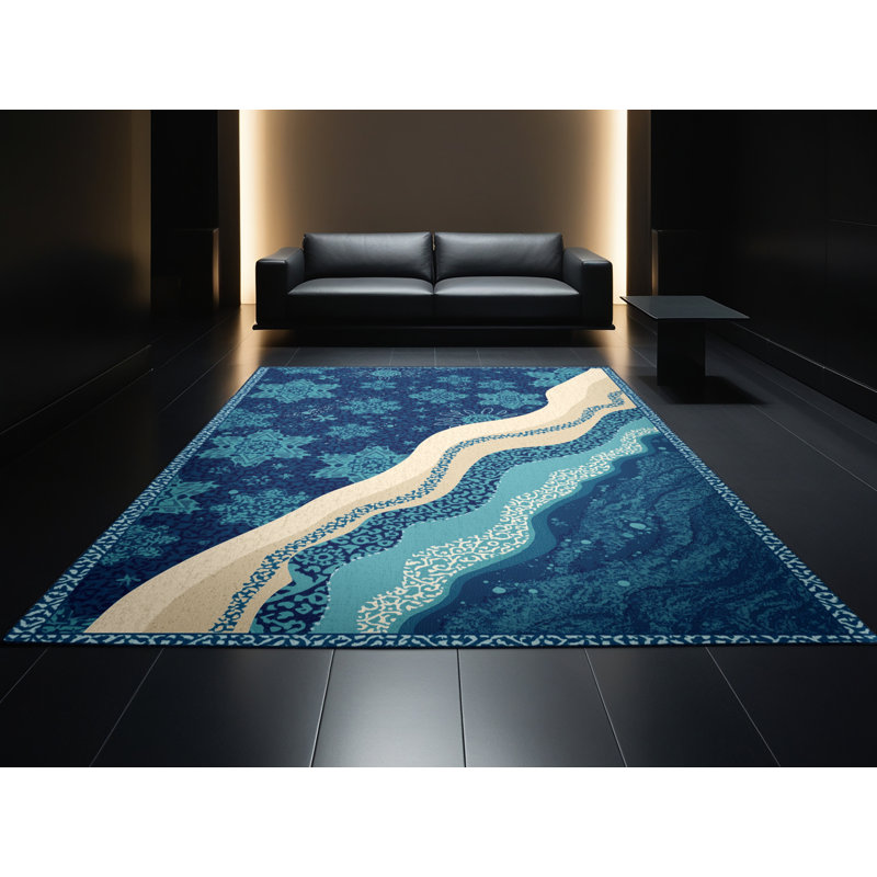 Tapis marocain bleu d'inspiration mondiale Panameno lavable à la machine, 8 x 12
