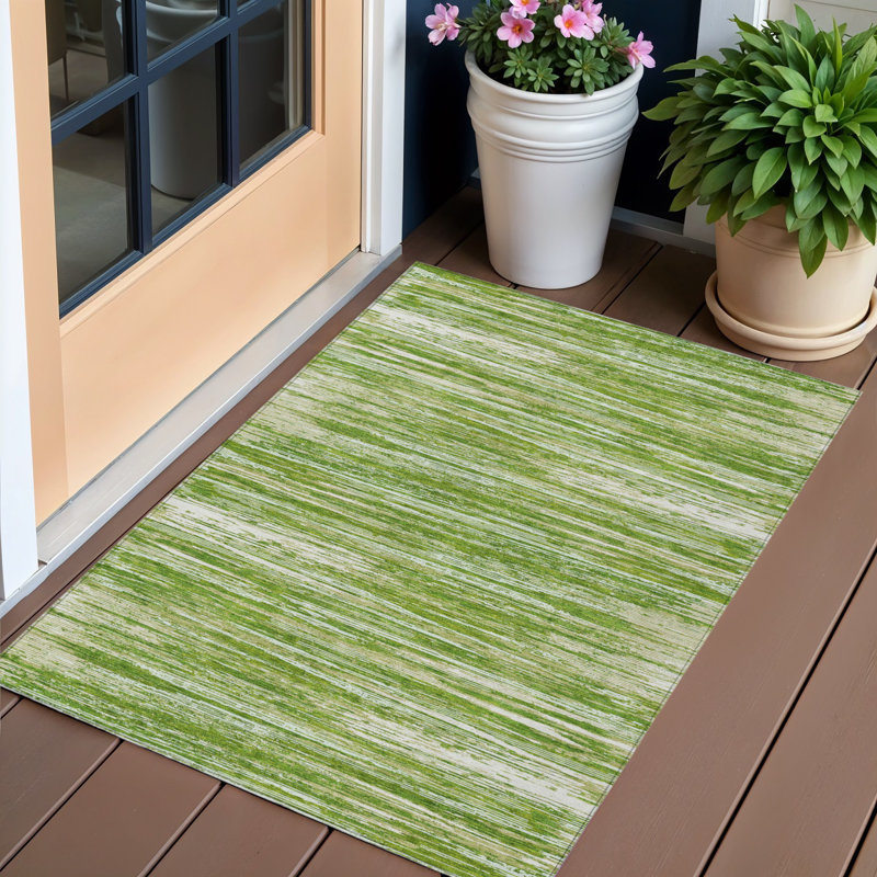 3' X 5' Green And Ivory Striped Washable Indoor Outdoor Area Rug
