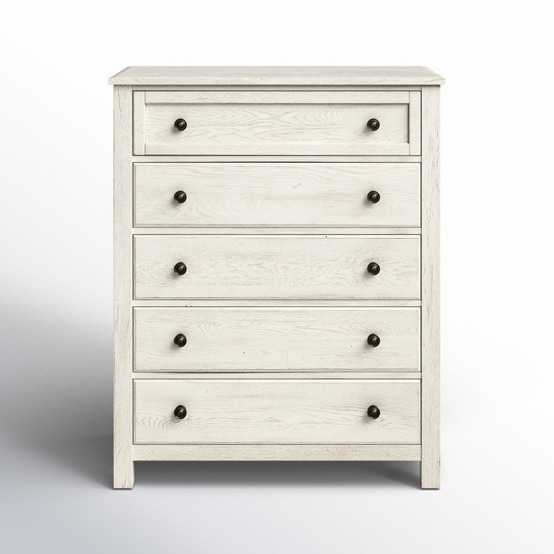 Weathered White 5-Drawer Vertical Chest with Metal Handles