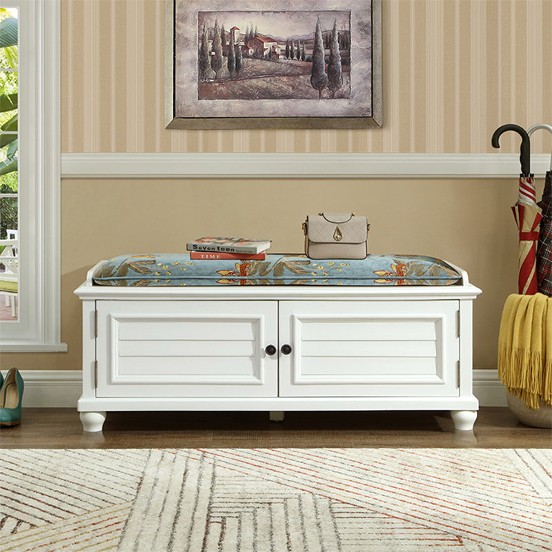 Banc rembourré bleu en bois massif, H 18,9 po x l 47,24 po x P 15,75 po