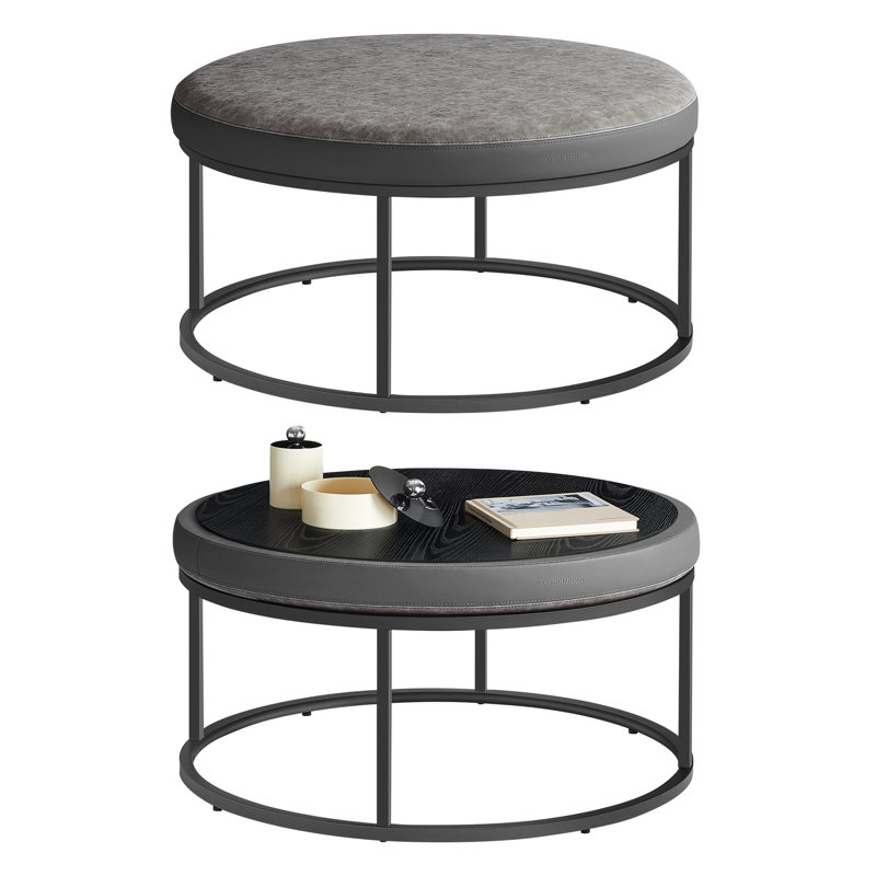 78cm Wide Faux Leather Round Footstool Ottoman, Grey